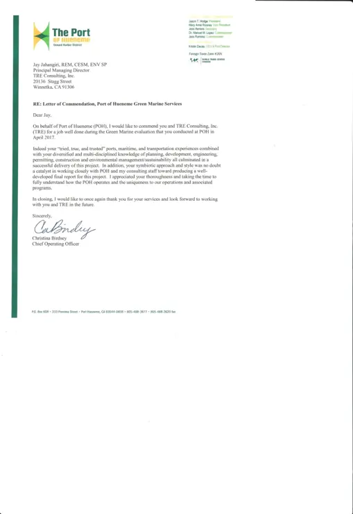 Scanned letter of commendation on Port of Hueneme letterhead
