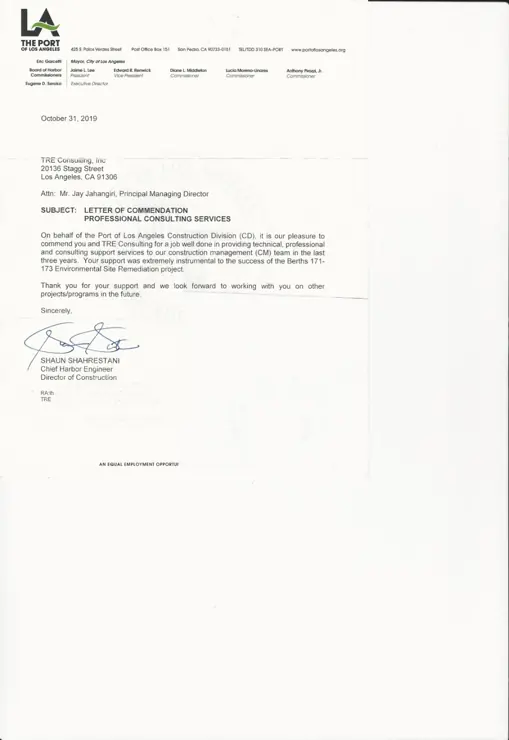 Scanned letter of commendation on Port of Los Angeles letterhead