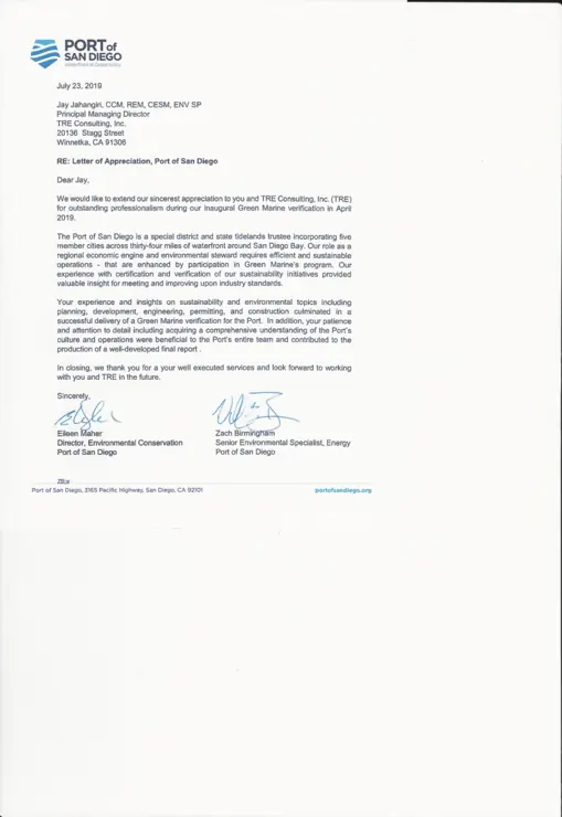 Scanned letter of commendation on Port of San Diego letterhead