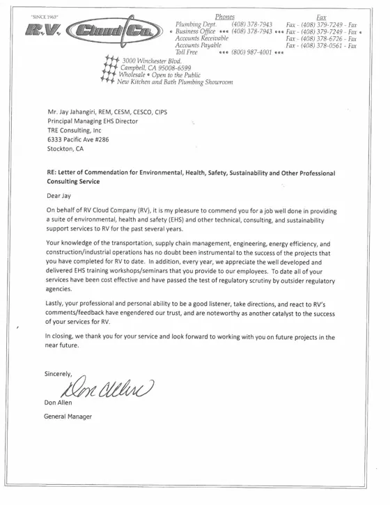 Scanned letter of commendation on R.V. Cloud Co. letterhead
