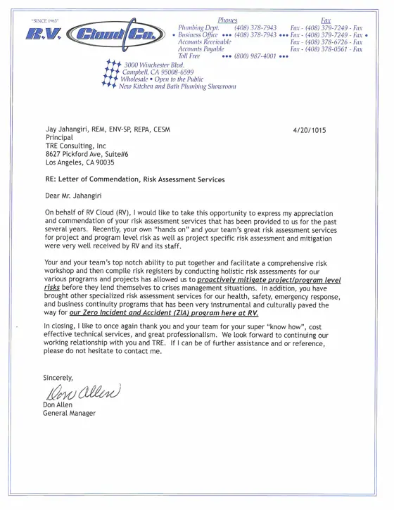 Scanned letter of commendation on R.V. Cloud Co. letterhead